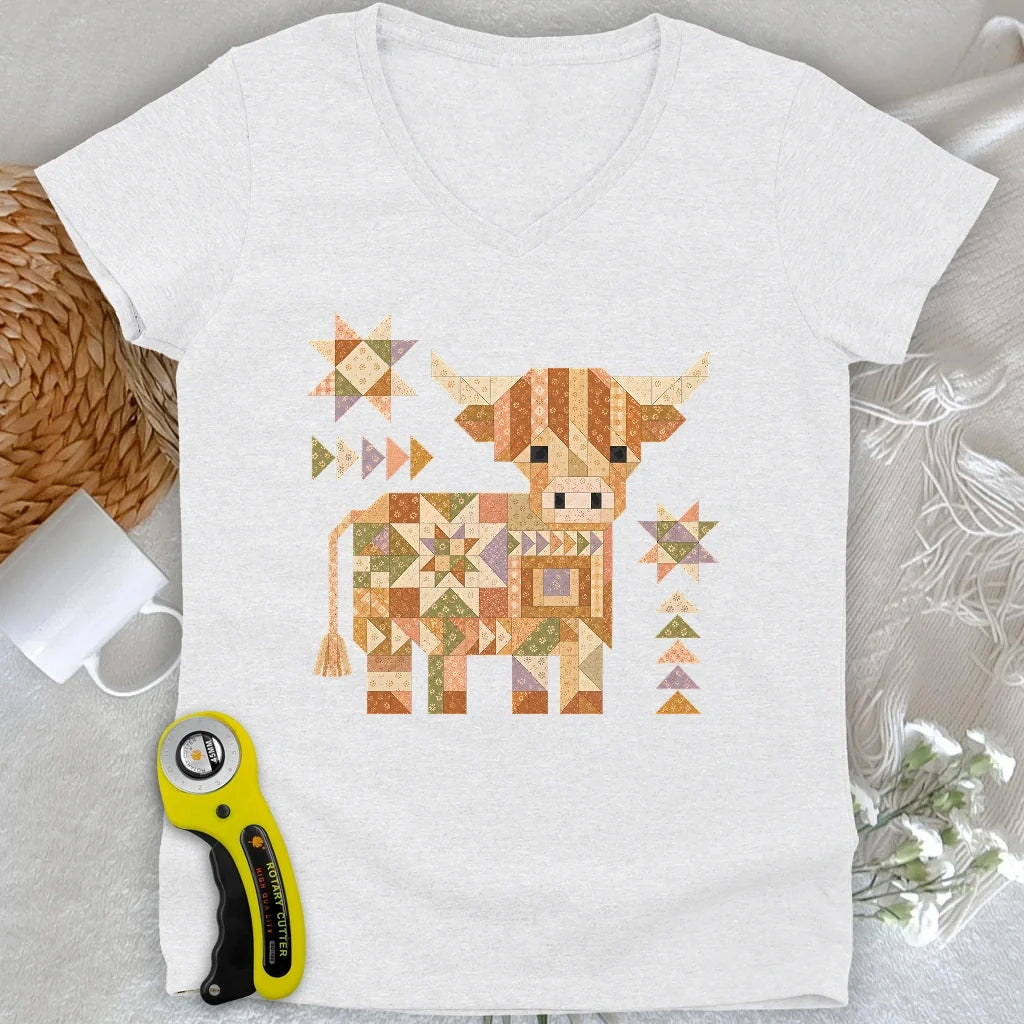 Patchwork Highland Cow Lady V-neck