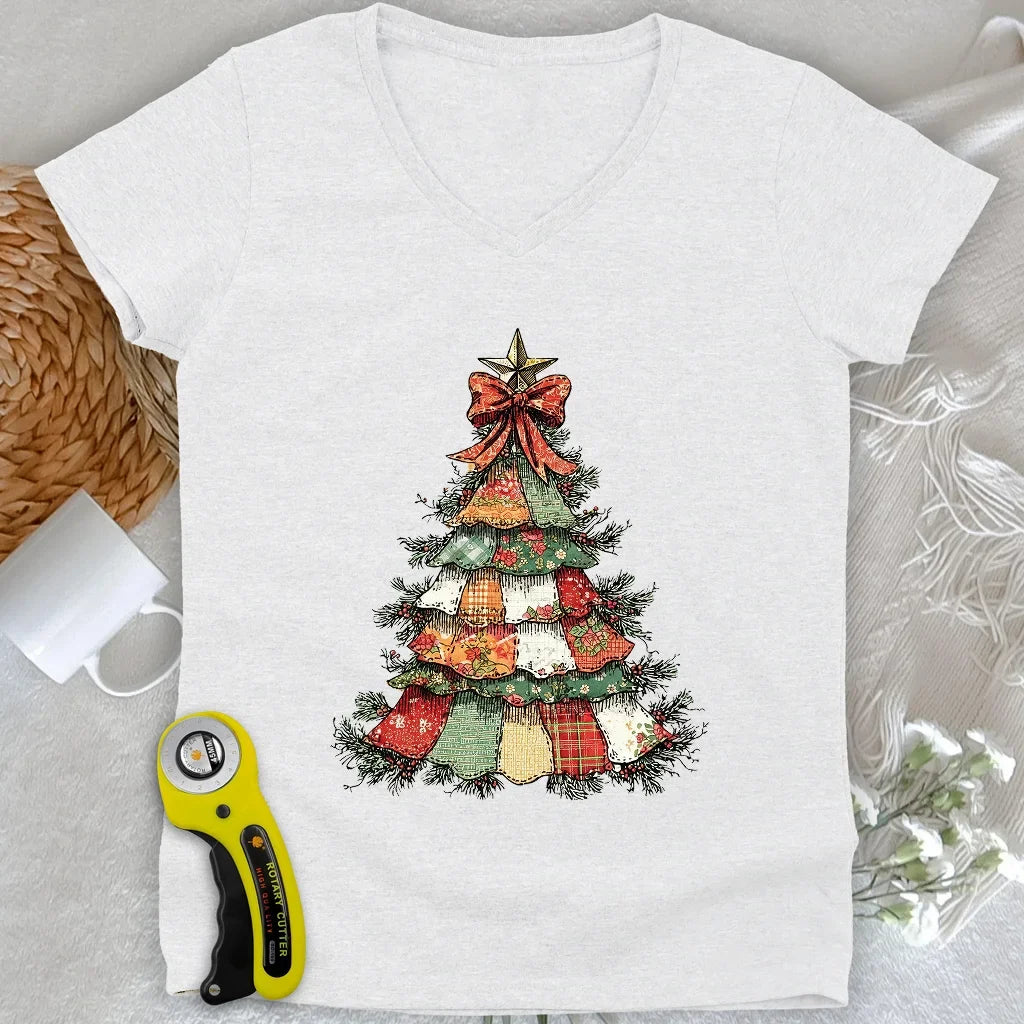 Patchwork Xmas Tree Lady V-neck
