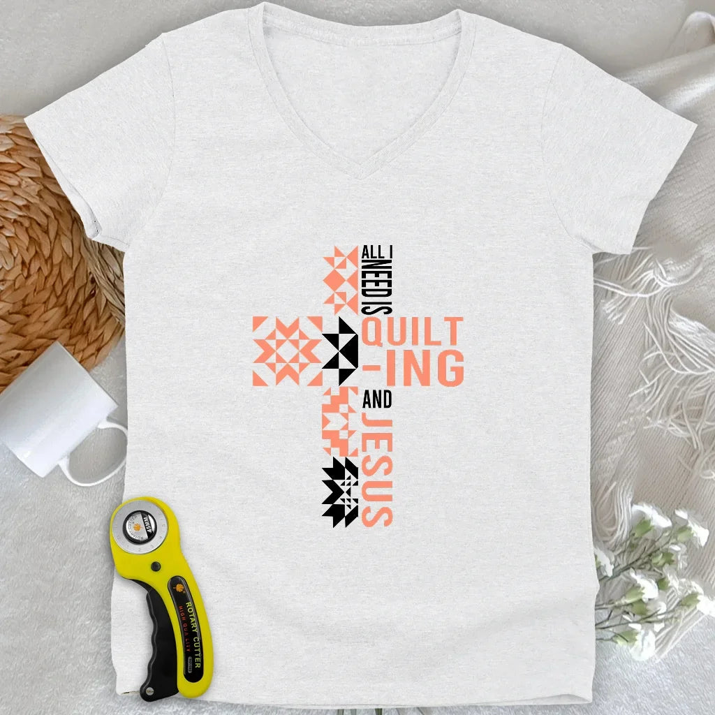 Quilting and Jesus Lady V-neck